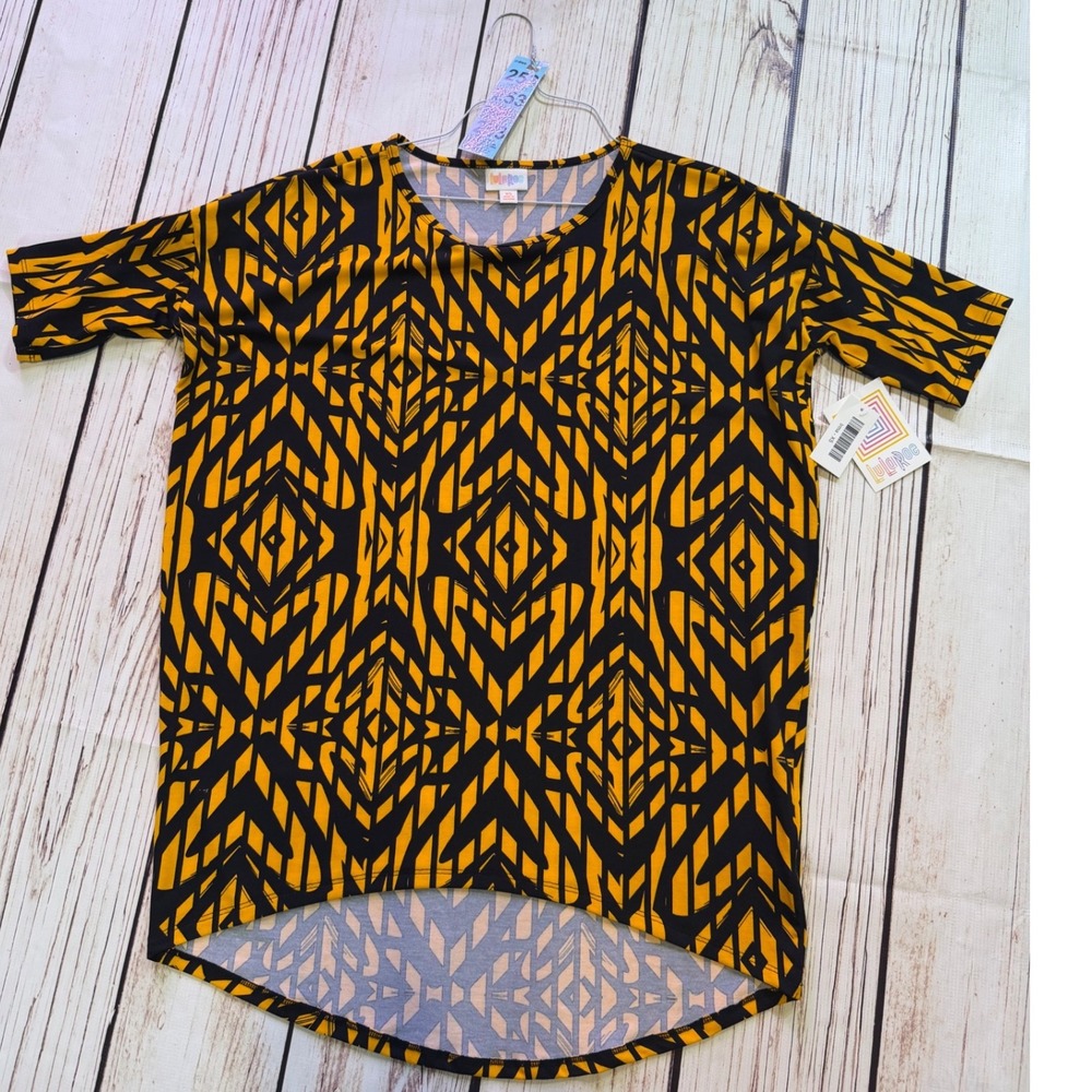 LuLaRoe Irma Tunic Top Womens XS Yellow Black Geometric Tribal High Low NWT‎